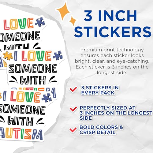 (3 Pack) Autism Awareness Decals - I Love Someone with Autism - Puzzle Piece Decals - 3 Inches On Longest Side - Easy Peel & Apply - Made in USA - 3MCS7195