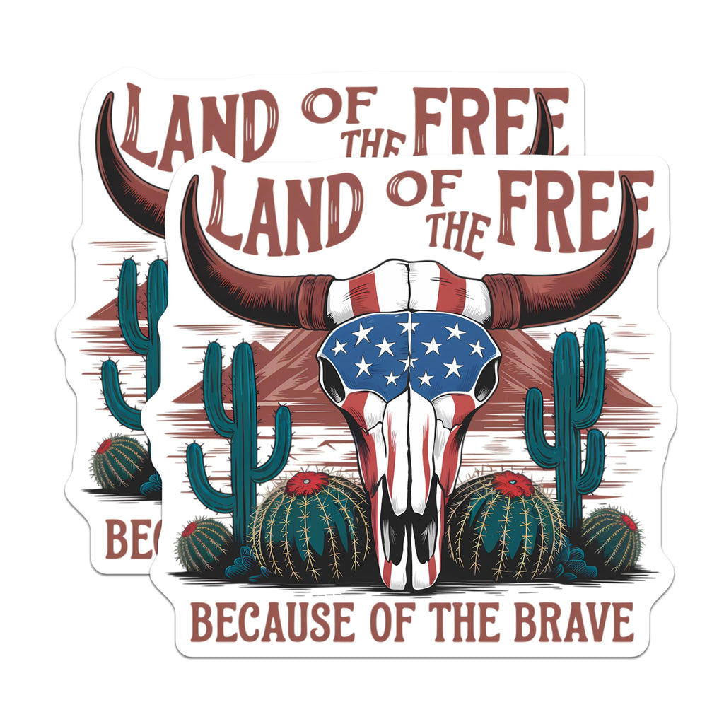 (2 Pack) American Flag Bull Skull Magnets - Patriotic Western Cactus Desert Decor - Land of the Free Brave Quote Art - 5 Inches On Longest Side - Thick Durable Magnet - Made in USA - MAG20454