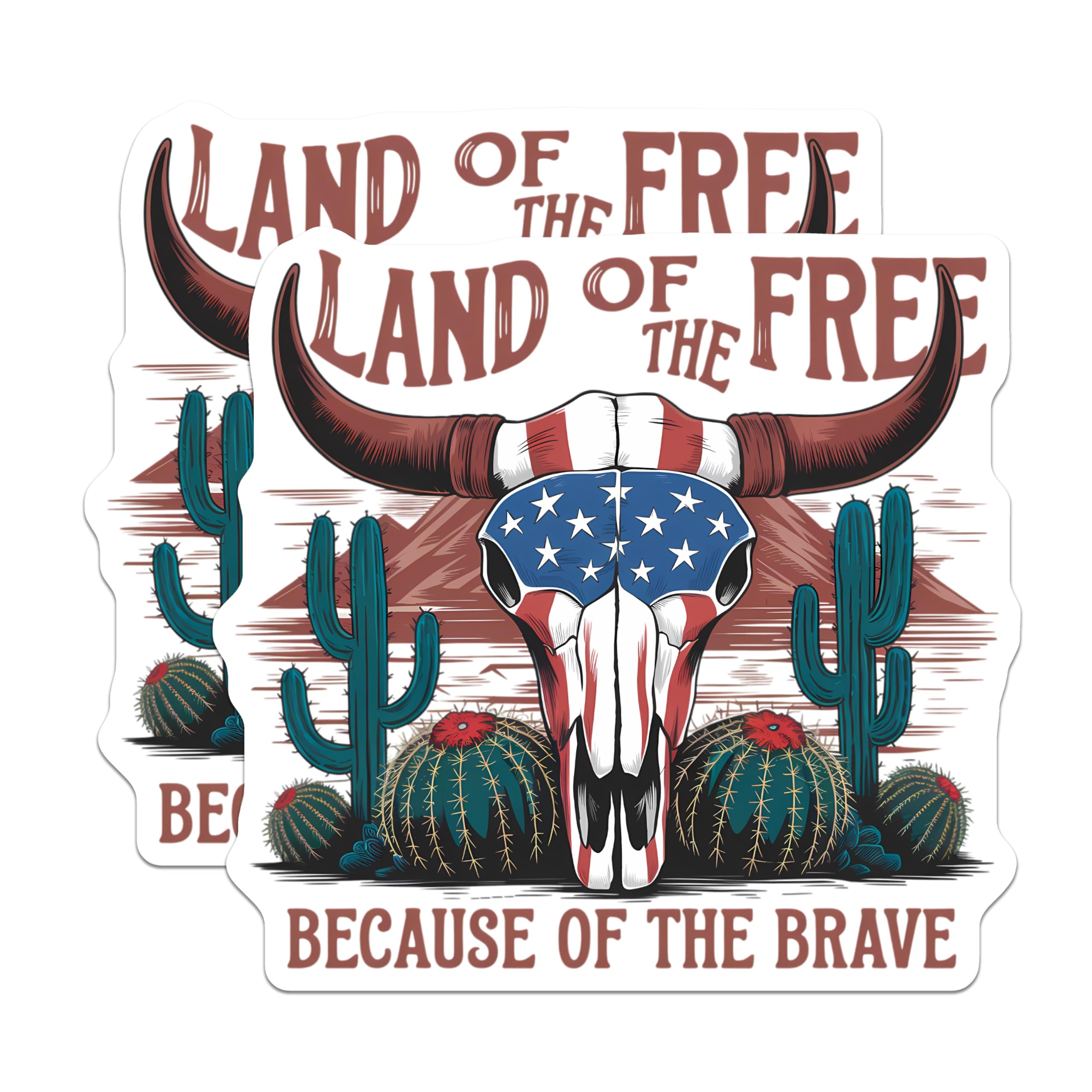 (2 Pack) American Flag Bull Skull Magnets - Patriotic Western Cactus Desert Decor - Land of the Free Brave Quote Art - 5 Inches On Longest Side - Thick Durable Magnet - Made in USA - MAG20454