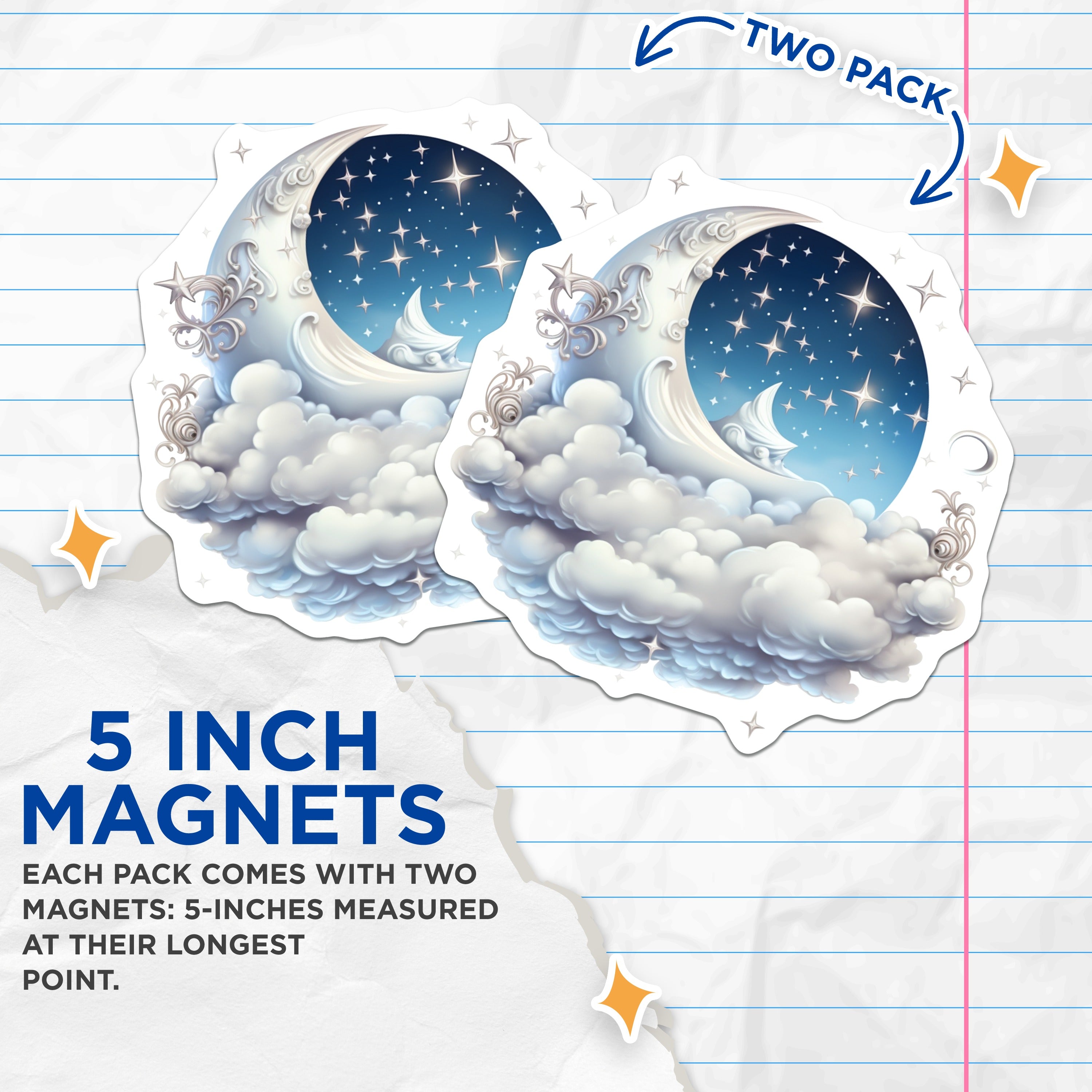 (2 Pack) Celestial Moon Magnets - Starry Night Sky Decor - Whimsical Cloud Art Fridge Magnet - 5 Inches On Longest Side - Thick Durable Magnet - Made in USA - MAG39312