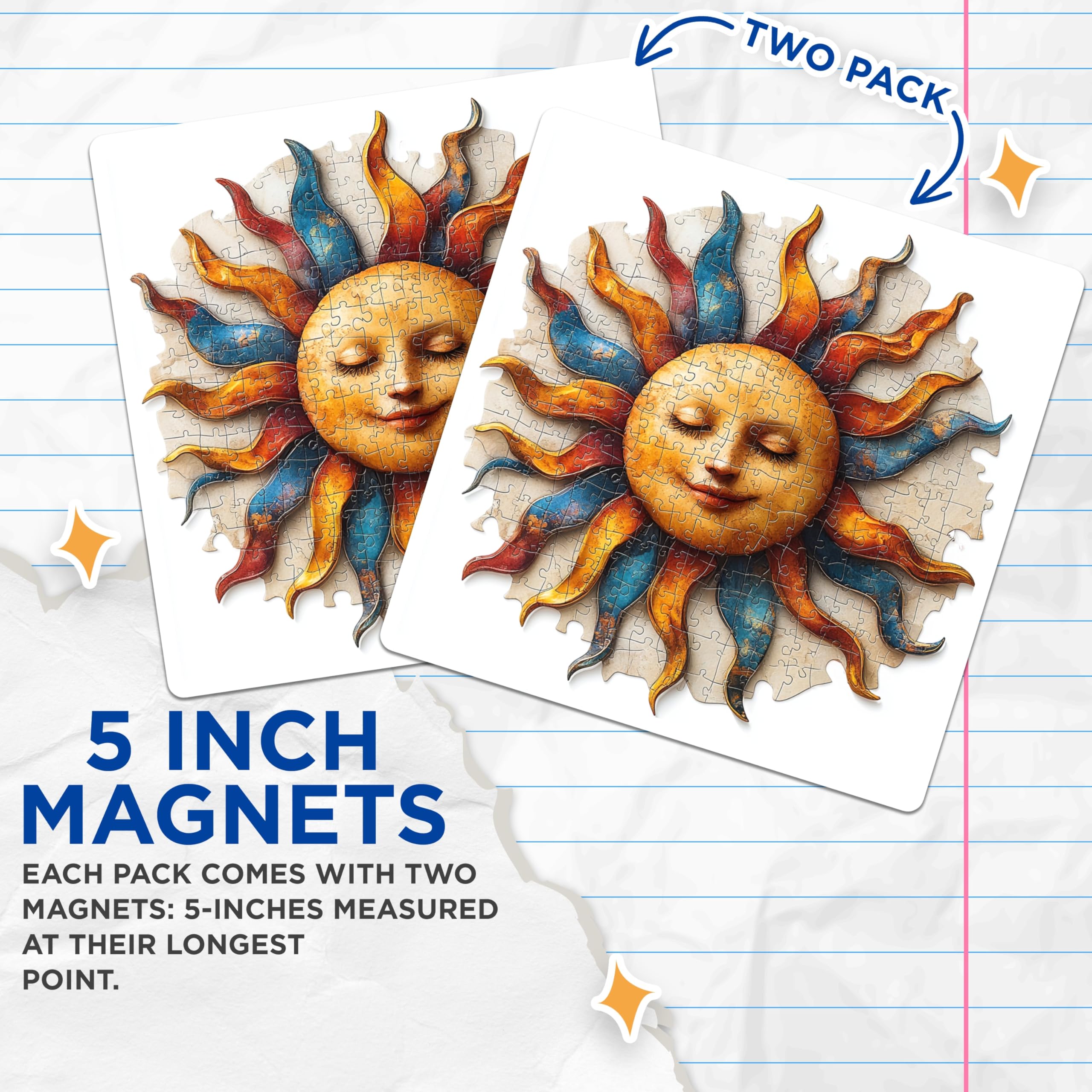 (2 Pack) Celestial Sun Magnets - Whimsical Puzzle Design - Bohemian Fridge Decor - Aesthetic Kitchen Magnet - 5 Inches On Longest Side - Thick Durable Magnet - Made in USA - MAG28142