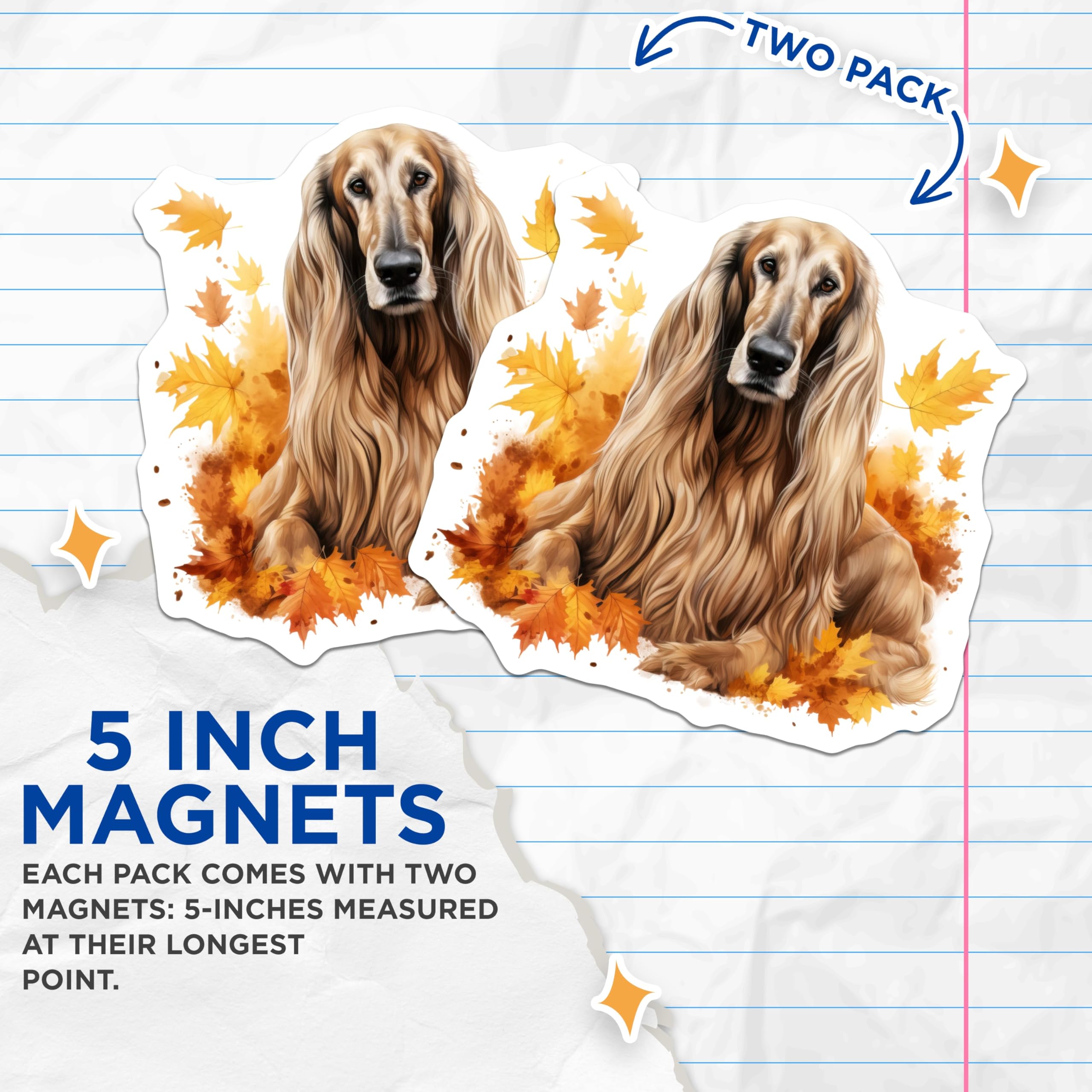 (2 Pack) Afghan Hound Magnets - Elegant Fall Dog Art - Autumn Leaves Pet Lover Refrigerator Decor - 5 Inches On Longest Side - Thick Durable Magnet - Made in USA - MAG23986