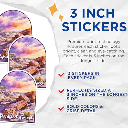 (3 Pack) Petrified Forest Decals - National Park Stickers - Watercolor Landscape Decals - 3 Inches On Longest Side - Easy Peel & Apply - Made in USA - 3MCS0421