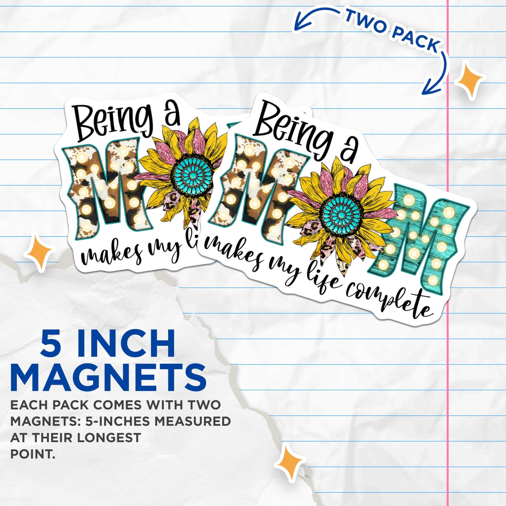 (2 Pack) Mom Life Magnets - Sunflower Cow Print - Mothers Day Decor - 5 Inches On Longest Side - Thick Durable Magnet - Made in USA - MAG25658