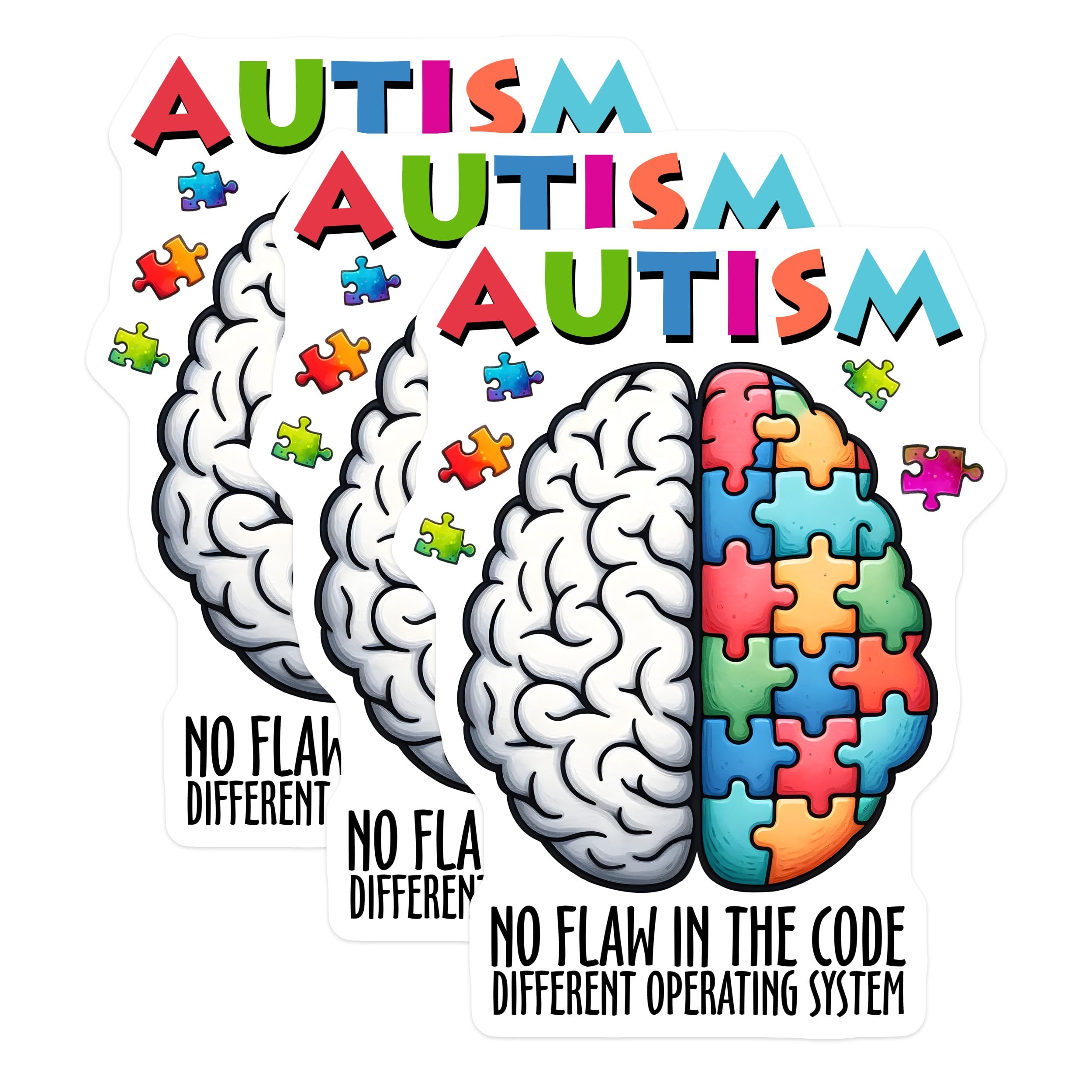 (3 Pack) Autism Awareness Decals - Brain Puzzle Pieces - Neurodiversity Support Decals - 3 Inches On Longest Side - Easy Peel & Apply - Made in USA - 3MCS1995