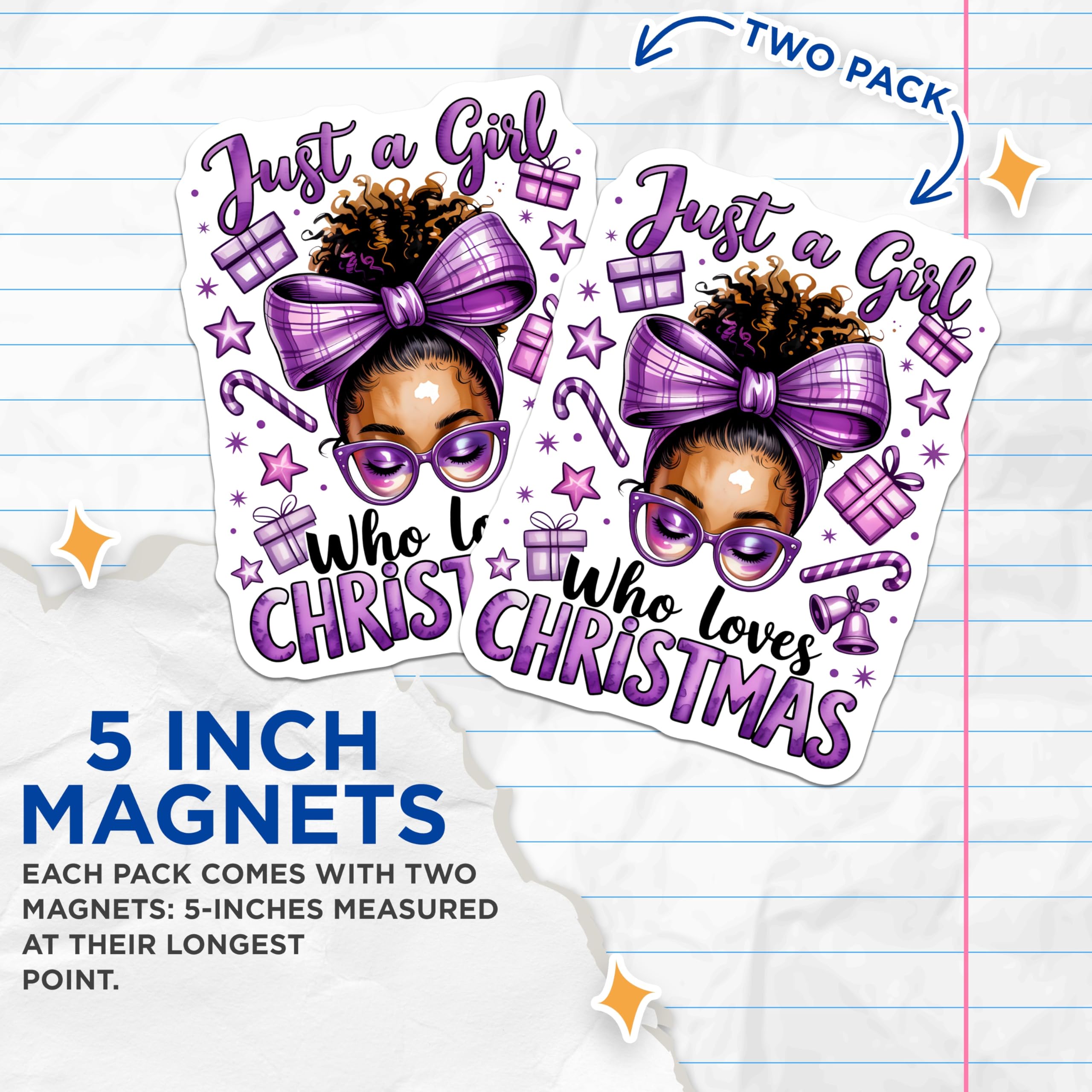(2 Pack) Just a Girl Who Loves Christmas Magnets - Melanin Magic Art - Festive Holiday Kitchen Decor - 5 Inches On Longest Side - Thick Durable Magnet - Made in USA - MAG28782