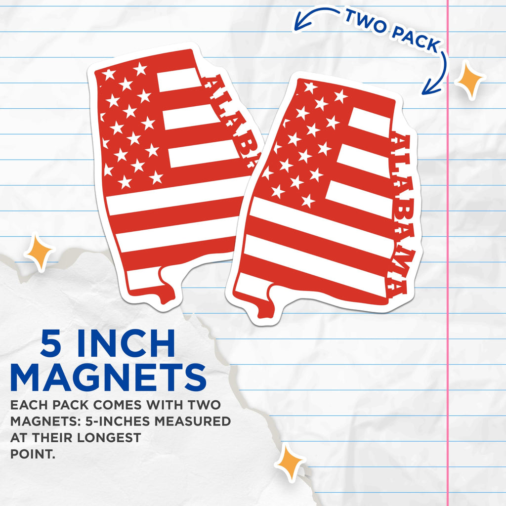(2 Pack) Alabama State Magnets - American Flag - Southern Pride Decoration - 5" On Longest Side - Premium Magnet - for Cars, Refrigerators, Toolboxes, Lockers - Made in USA - MAG17279