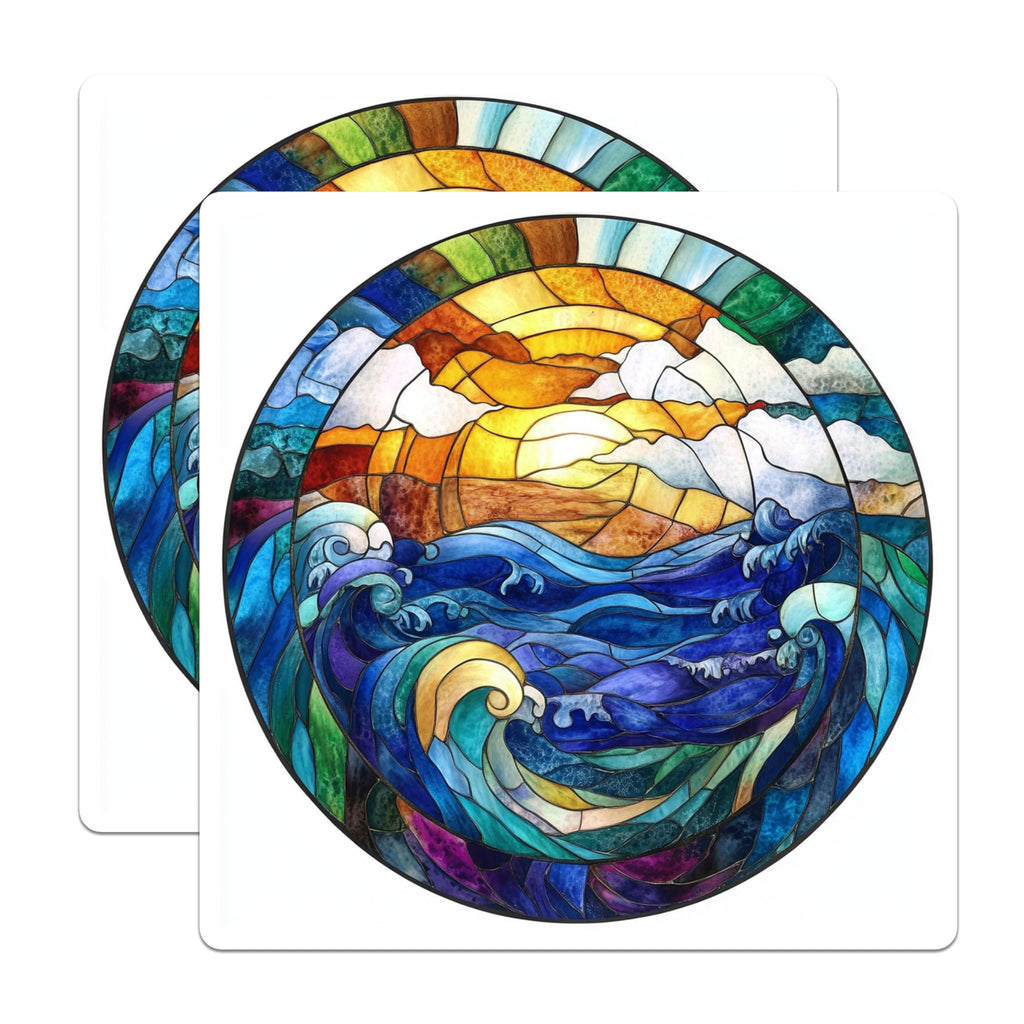 (2 Pack) Stained Glass Ocean Magnets - Ocean Wave Art - Coastal Beach House Decor - Sunrise Sunset Nature Design - 5 Inches On Longest Side - Thick Durable Magnet - Made in USA - MAG30855