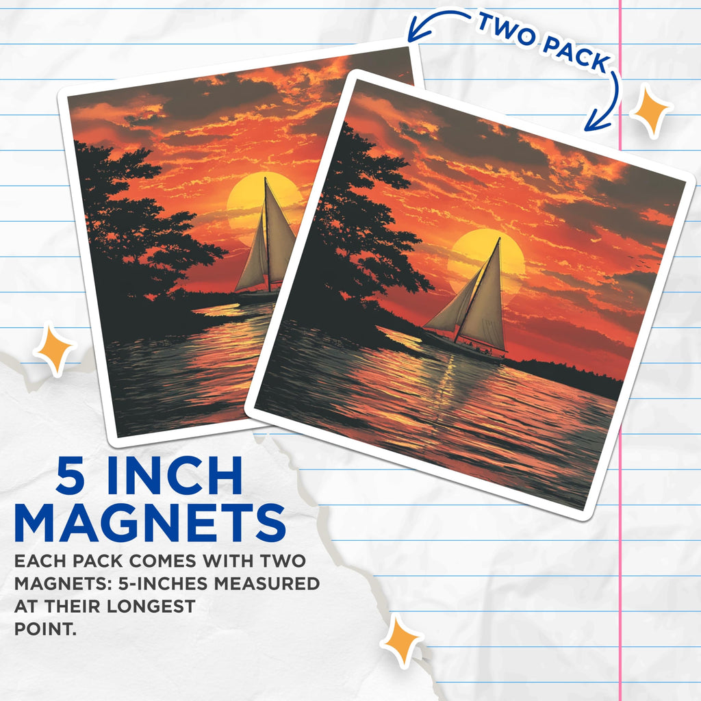 (2 Pack) Sailboat Sunset Magnets - Vibrant Seascape Art - Serene Lake Ocean View - Golden Hour Home Decor - 5 Inches On Longest Side - Thick Durable Magnet - Made in USA - MAG23662