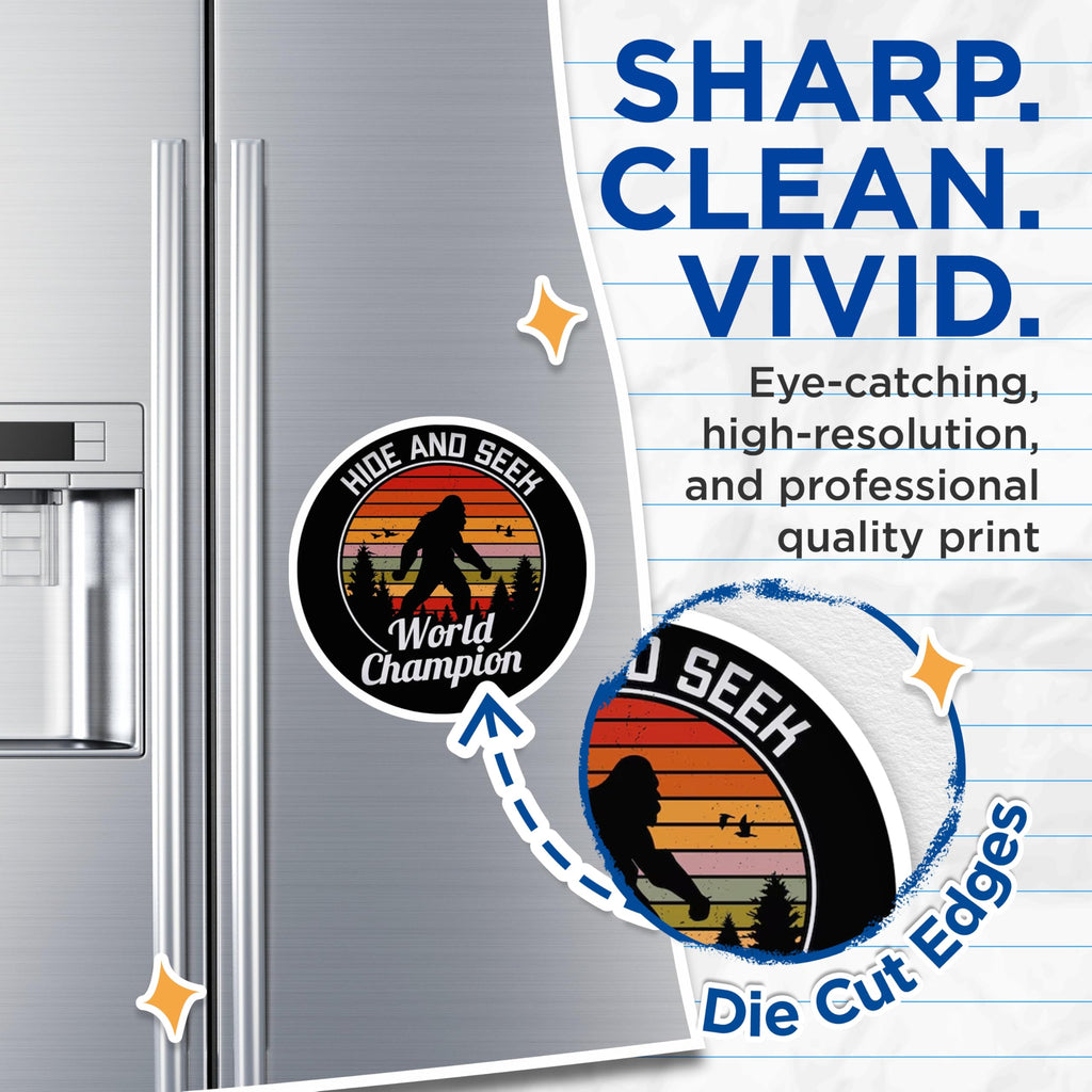 (2 Pack) Bigfoot Hide and Seek World Champion Magnets - Retro Sunset Sasquatch - Funny Outdoorsy Decor - 5 Inches On Longest Side - Thick Durable Magnet - Made in USA - MAG30012