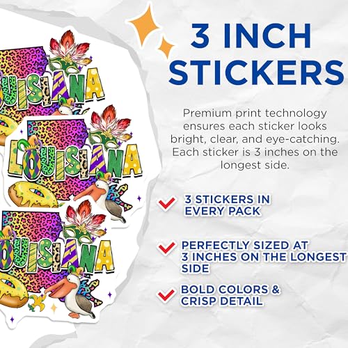 (3 Pack) Louisiana Mardi Gras Decals - Pelican State - New Orleans Stickers - 3 Inches On Longest Side - Easy Peel & Apply - Made in USA - 3MCS2436