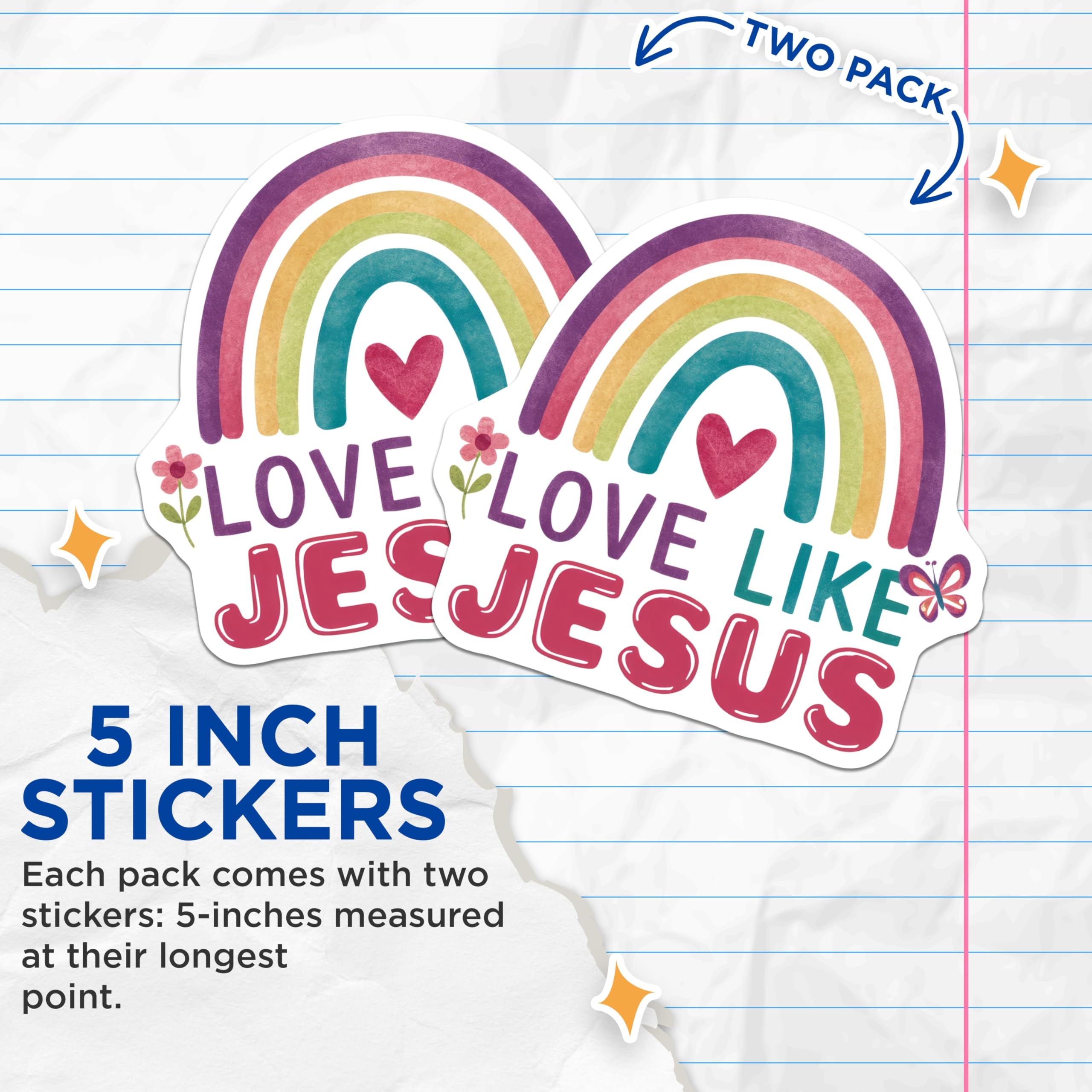 (2 Pack) Love Like Jesus Stickers - Rainbow Heart Sticker - Religious Saying Stickers - 5" On Longest Side - Sticks to Smooth Flat Surfaces - Made in USA - BMCS15949