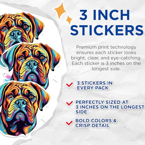 (3 Pack) Dog Decals - Colorful Mastiff Stickers - Laptop Decals - 3 Inches On Longest Side - Easy Peel & Apply - Made in USA - 3MCS0678