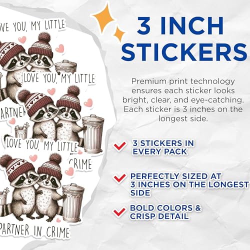 (3 Pack) Raccoon Decals - Partner in Crime - Cute Animal Stickers - 3 Inches On Longest Side - Easy Peel & Apply - Made in USA - 3MCS1683