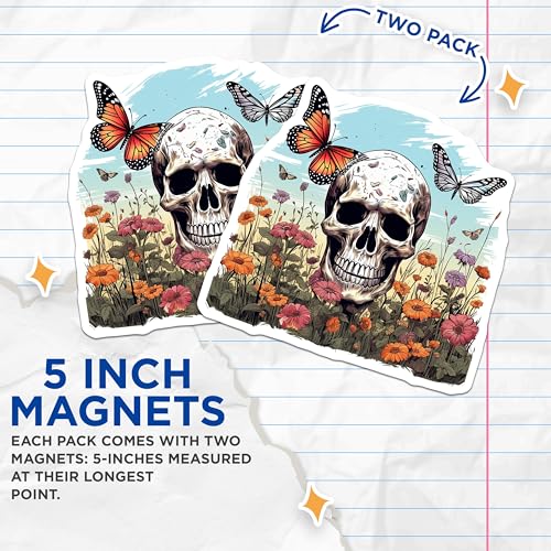 (2 Pack) Skull and Butterfly Magnets - Floral Skull Design - Nature Aesthetic Magnets for Fridge - Art Magnets - 5" On Longest Side - for Cars, Fridges, Toolboxes - Made in USA - MAG4239
