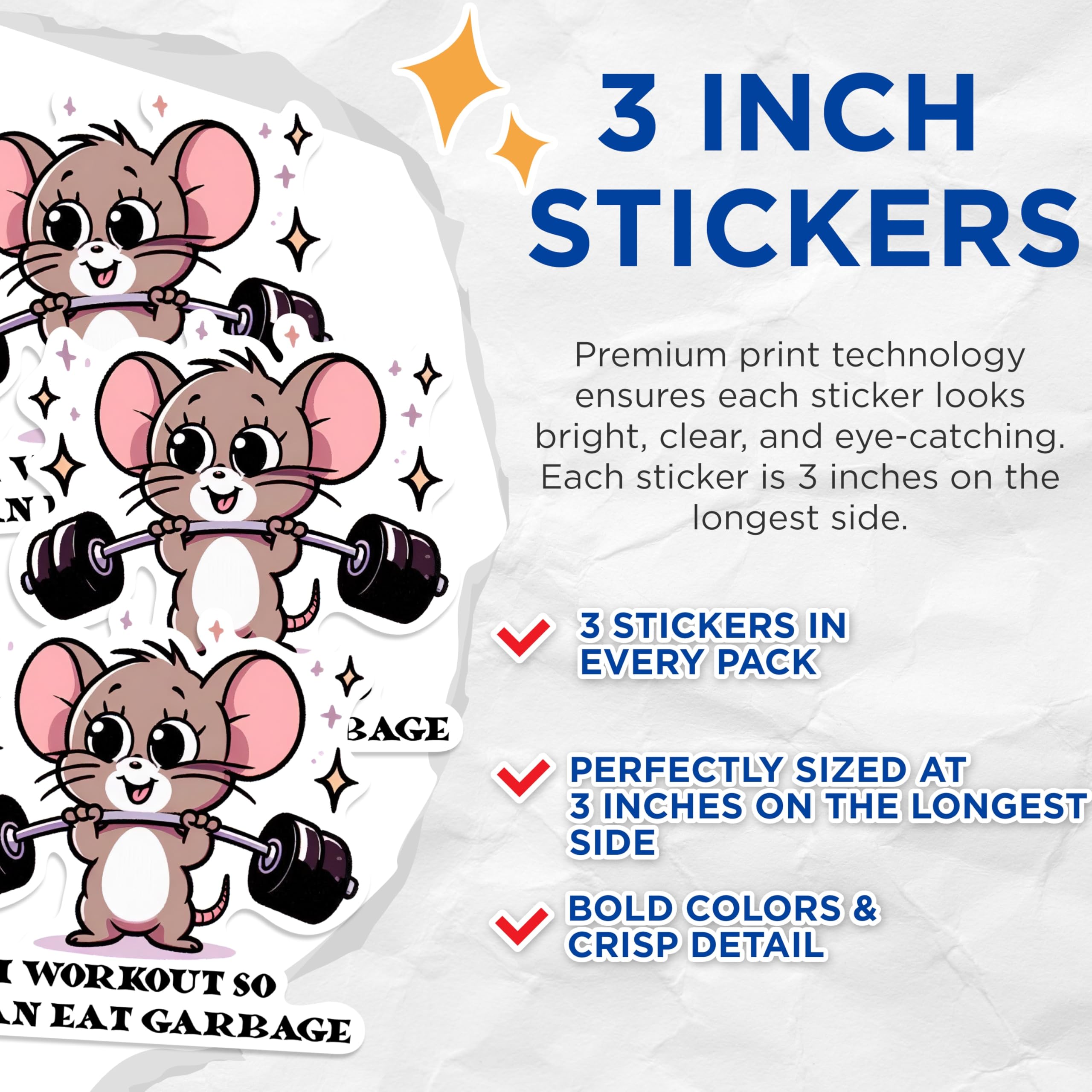 (3 Pack) Funny Mouse Decals - Gym Rat Sticker - Workout So I Can Eat Garbage Decals - 3 Inches On Longest Side - Easy Peel & Apply - Made in USA - 3MCS0232
