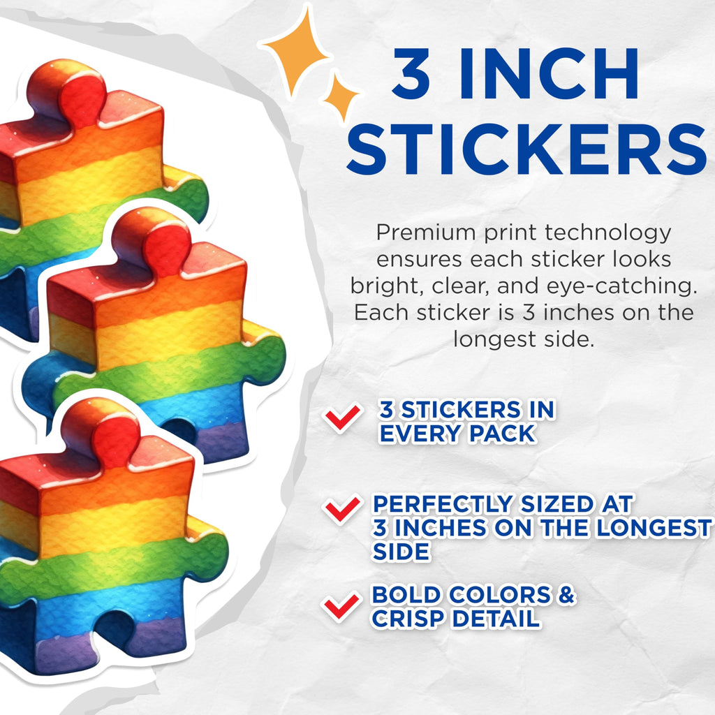 (3 Pack) Puzzle Piece Decals - Rainbow Pride Stickers - Laptop Decal- 3 Inches On Longest Side - Easy Peel & Apply - Made in USA - 3MCS5271