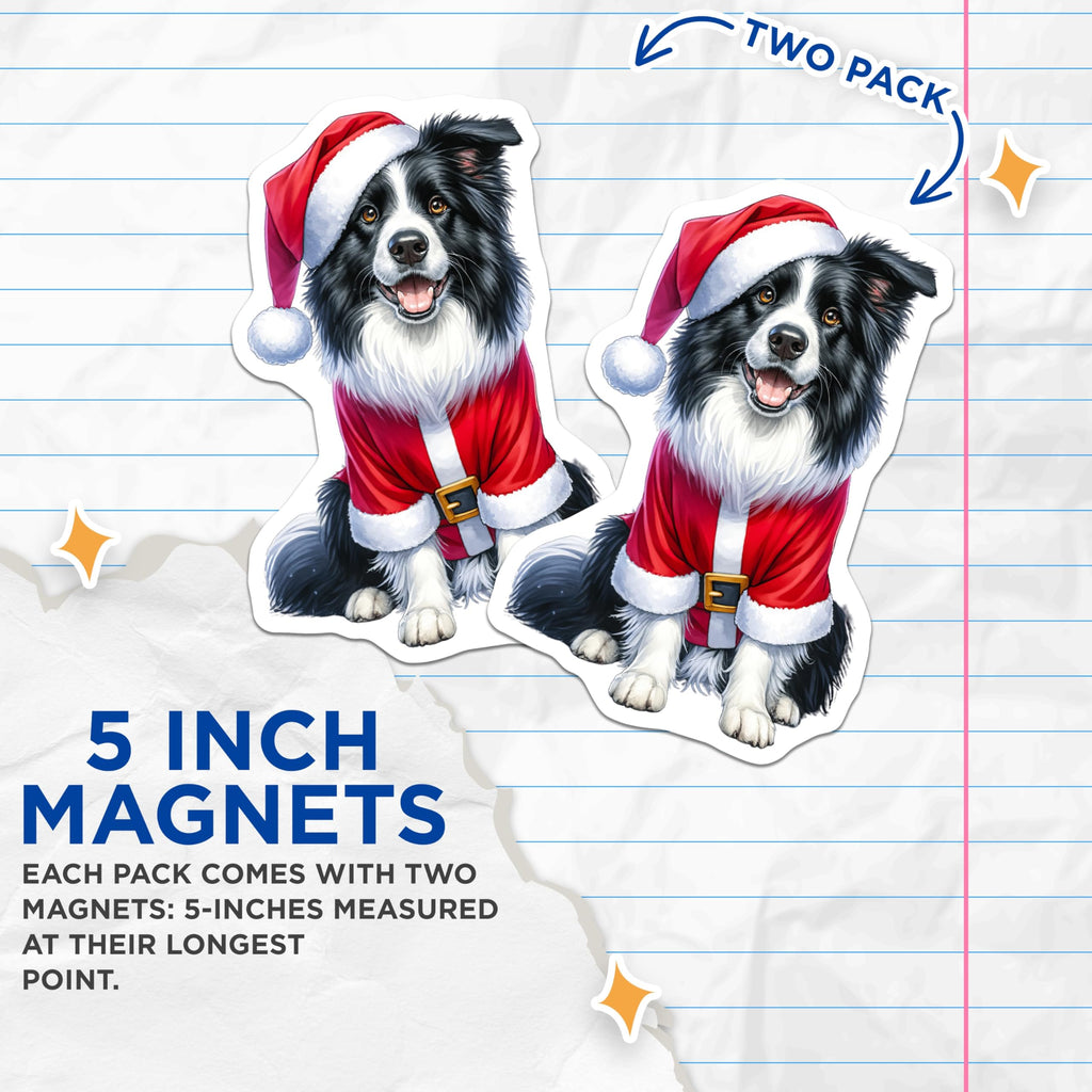 (2 Pack) Border Collie Christmas Magnets - Santa Dog Holiday Decor - Festive Pet Refrigerator Locker Accessory - 5 Inches On Longest Side - Thick Durable Magnet - Made in USA - MAG24747