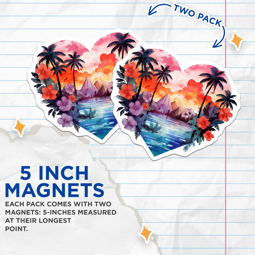 (2 Pack) Watercolor Tropical Magnets - Heart Shaped Island Landscape - Palm Tree Hibiscus Ocean Scene Sunset Decor - 5 Inches On Longest Side - Thick Durable Magnet - Made in USA - MAG19746