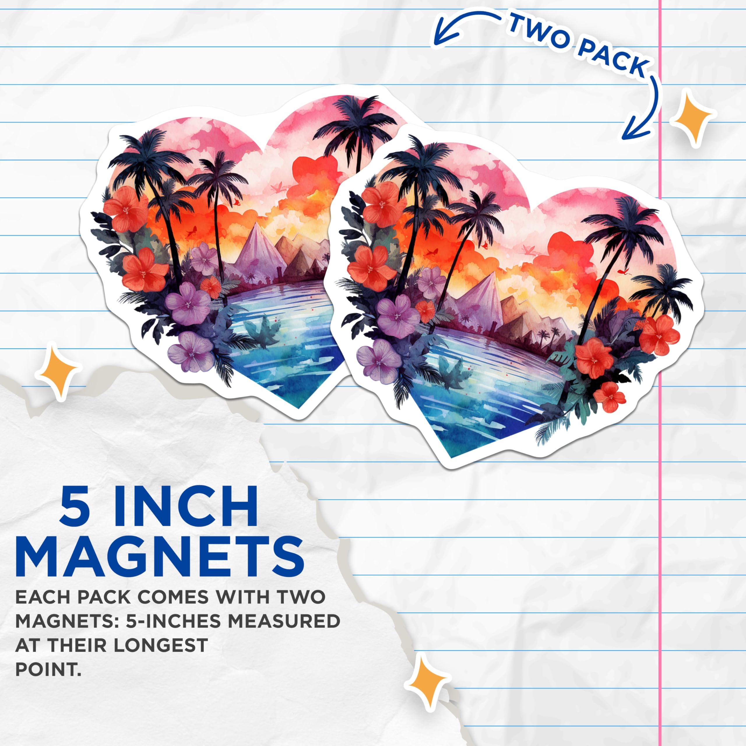 (2 Pack) Watercolor Tropical Magnets - Heart Shaped Island Landscape - Palm Tree Hibiscus Ocean Scene Sunset Decor - 5 Inches On Longest Side - Thick Durable Magnet - Made in USA - MAG19746