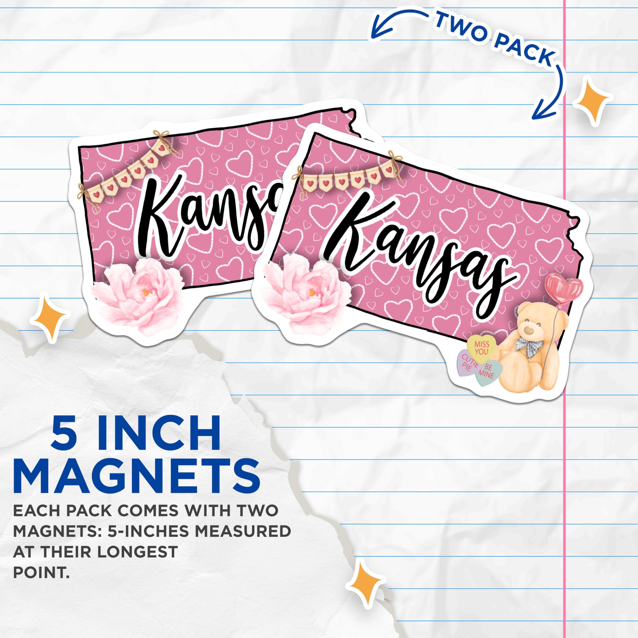 (2 Pack) Kansas Magnets - Valentine's Day - Teddy Bear Magnet - State Pride - 5" On Longest Side - Premium Magnet - for Cars, Refrigerators, Toolboxes, Lockers - Made in USA - MAG17811