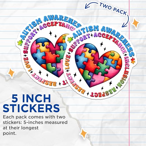 (2 Pack) Autism Awareness Stickers - Accept Love Support Stickers - Inclusion Respect Stickers - 5" On Longest Side - Sticks to Any Smooth Flat Surface - Made in USA - BMCS3203