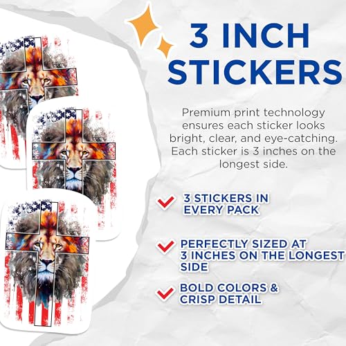 (3 Pack) Lion Christian Decals - USA Flag Decals - American Flag Decals - 3 Inches On Longest Side - Easy Peel & Apply - Made in USA - 3MCS1071