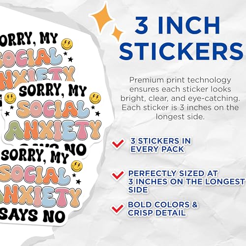(3 Pack) Social Anxiety Decals - Laptop Decal - Anxiety Quote Decal - 3 Inches On Longest Side - Easy Peel & Apply - Made in USA - 3MCS6433