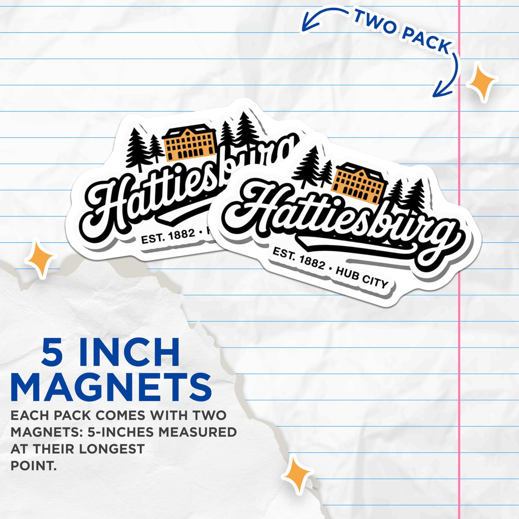 (2 Pack) Hattiesburg Magnets - Mississippi Souvenir - Hub City Decor - 5" On Longest Side - Premium Magnet - for Cars, Refrigerators, Toolboxes, Lockers - Made in USA - MAG18664
