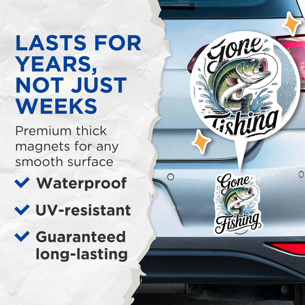(2 Pack) Gone Fishing Magnets - Bass Fishing Design - Fisherman Decor for Refrigerator - 5 Inches On Longest Side - Thick Durable Magnet - Made in USA - MAG38959