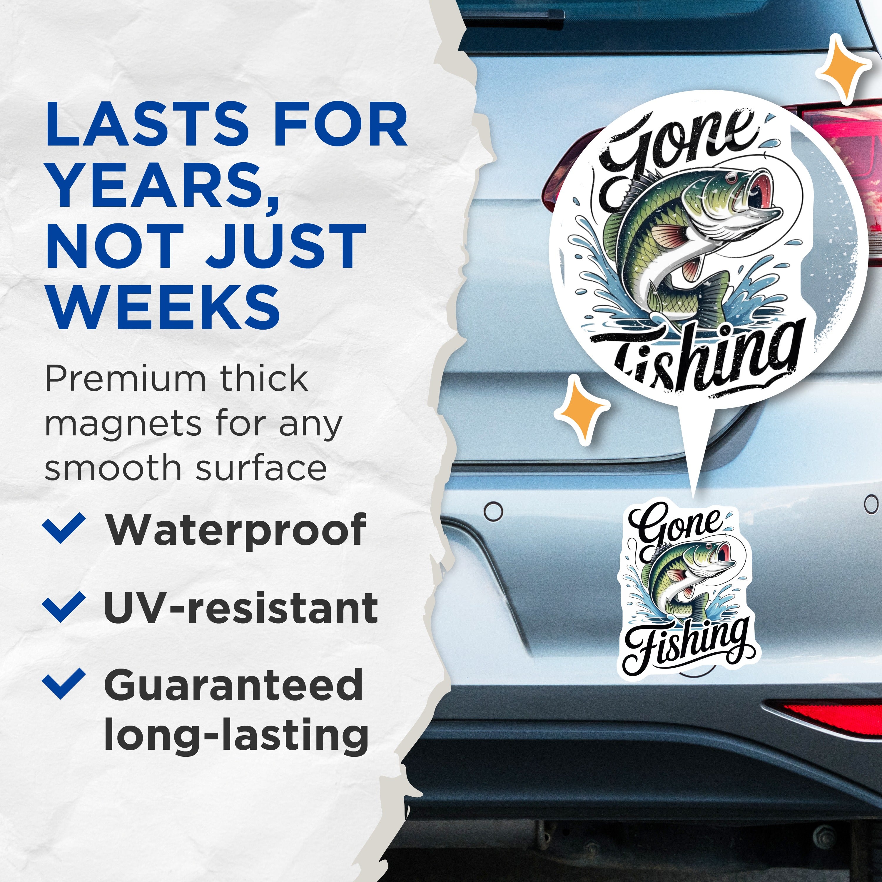 (2 Pack) Gone Fishing Magnets - Bass Fishing Design - Fisherman Decor for Refrigerator - 5 Inches On Longest Side - Thick Durable Magnet - Made in USA - MAG38959
