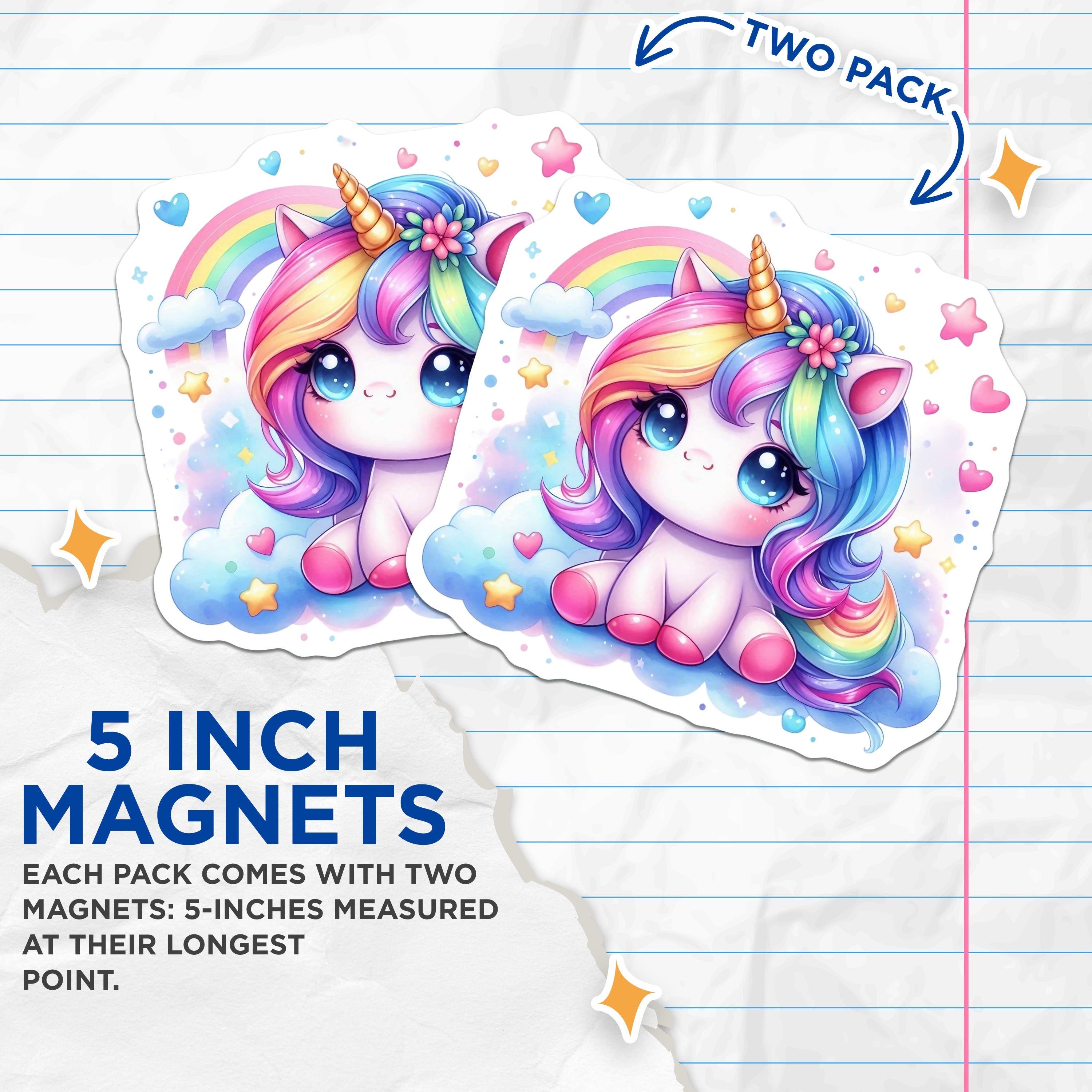 (2 Pack) Cute Unicorn Magnets - Rainbow Fantasy Animal - Kawaii Kids Room Decor - 5 Inches On Longest Side - Thick Durable Magnet - Made in USA - MAG36529