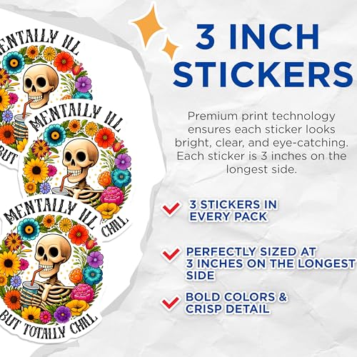 (3 Pack) Mental Health Decals - Skeleton Art - Floral Decal for Laptop - 3 Inches On Longest Side - Easy Peel & Apply - Made in USA - 3MCS8526