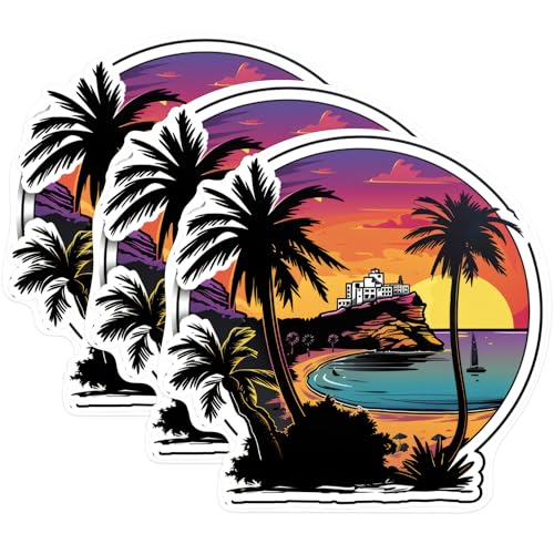 (3 Pack) Tropical Beach Decals - Sunset Palms - Island Getaway Stickers - 3 Inches On Longest Side - Easy Peel & Apply - Made in USA - 3MCS1001