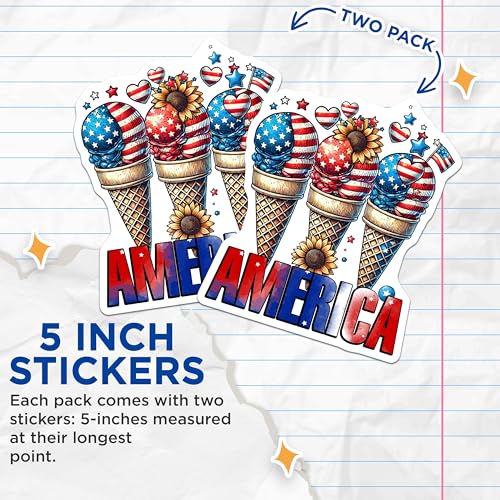 (2 Pack) Patriotic Ice Cream Stickers - USA Flag - American Pride - 5" On Longest Side - Sticks to Smooth Flat Surfaces - Made in USA - BMCS7872
