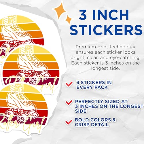 (3 Pack) Roller Girl Decals - Retro Roller Skate - Vintage Roller Skating Decal - 3 Inches On Longest Side - Easy Peel & Apply - Made in USA - 3MCS4315