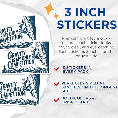 (3 Pack) Rock Climbing Decals - Gravity is My Competition - Adventure Stickers - 3 Inches On Longest Side - Easy Peel & Apply - Made in USA - 3MCS4560