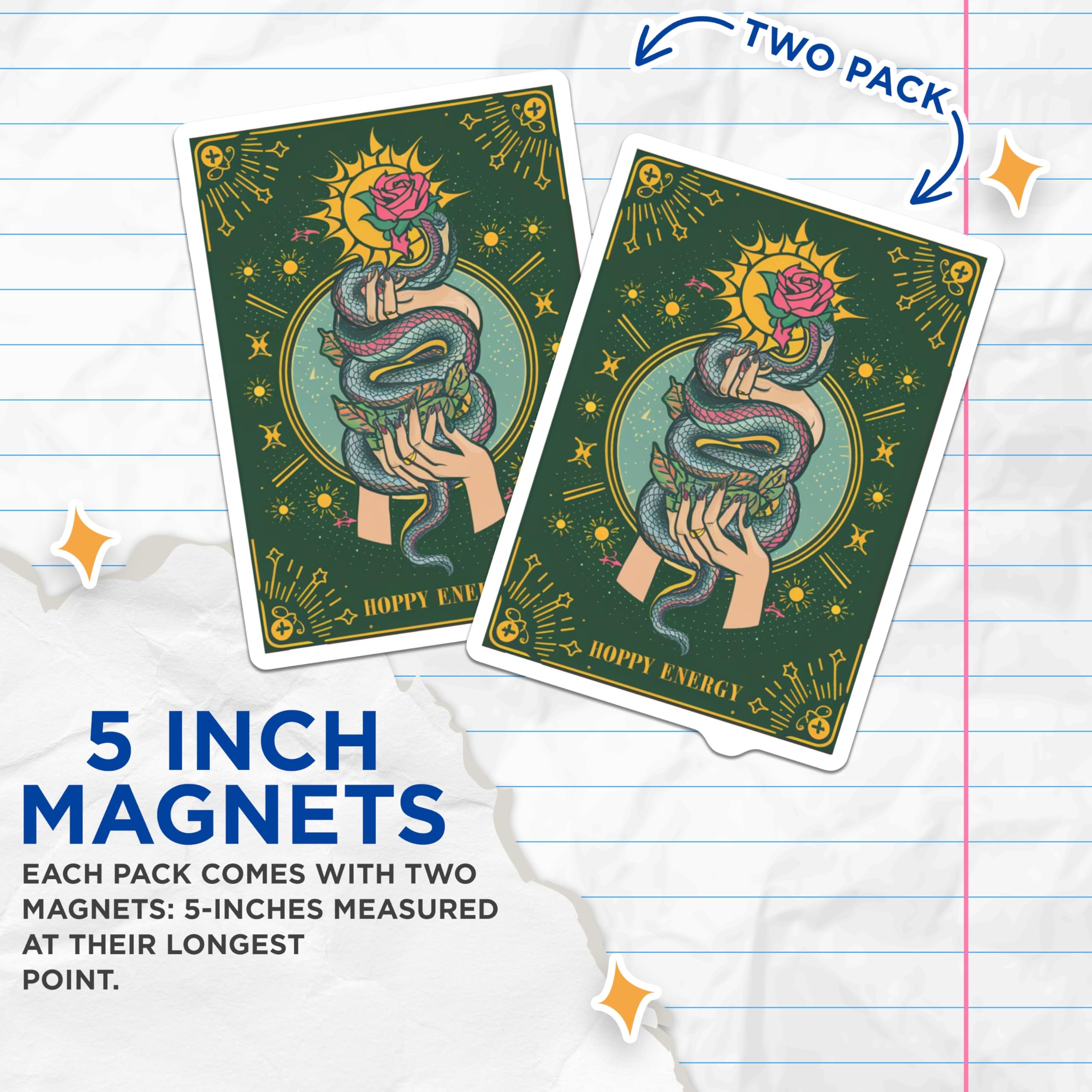 (2 Pack) Mystical Snake Rose Magnets - Celestial Sun Art - Serpent Hands Hoppy Energy Aesthetic Spiritual Decor - 5 Inches On Longest Side - Thick Durable Magnet - Made in USA - MAG22747