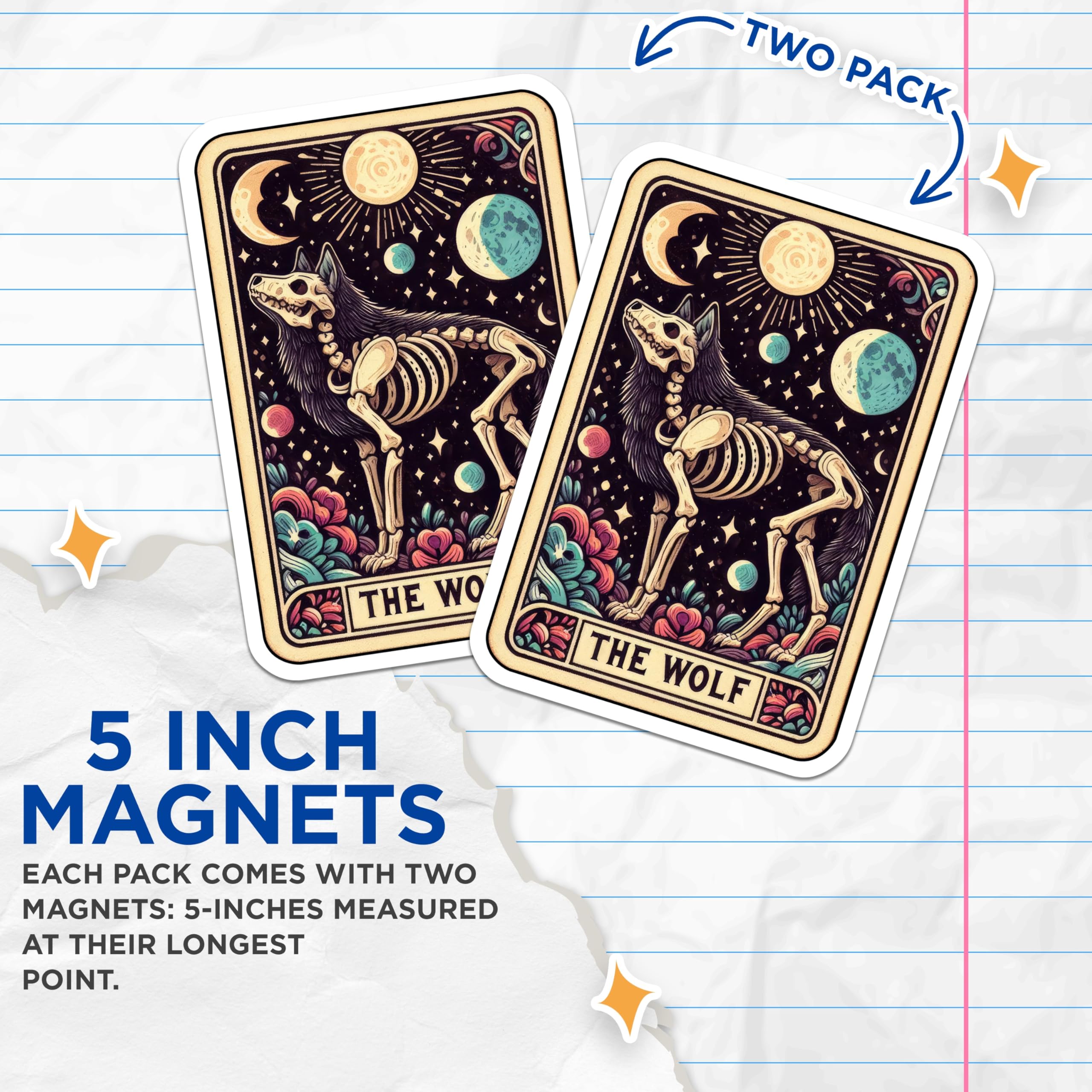 (2 Pack) Mystical Skeletal Wolf Spirit Animal Magnets - Tarot Card Style Lunar Phases - Witchy Occult Celestial Decor - 5 Inches On Longest Side - Thick Durable Magnet - Made in USA - MAG20181
