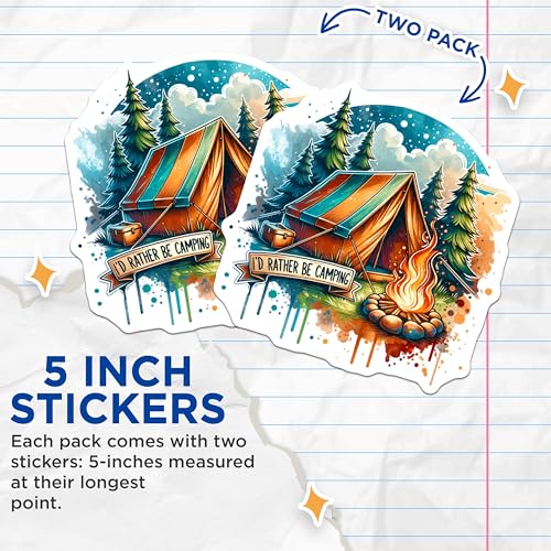 (2 Pack) I'd Rather Be Camping Stickers - Camping Adventure - Outdoor Camping Tent - 5" On Longest Side - Sticks to Smooth Flat Surfaces - Made in USA - BMCS6733