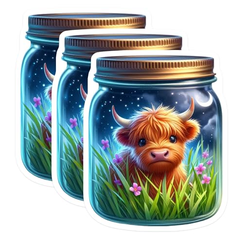 (3 Pack) Highland Cow Decals - Jar Animal Stickers - Laptop Decal - 3 Inches On Longest Side - Easy Peel & Apply - Made in USA - 3MCS8136