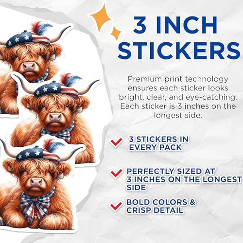 (3 Pack) Highland Cow Decals - American Flag Beret - Patriotic Bull Stickers- 3 Inches On Longest Side - Easy Peel & Apply - Made in USA - 3MCS5125