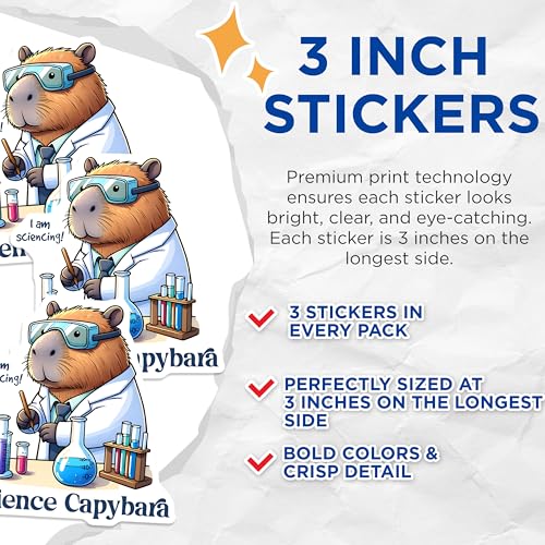 (3 Pack) Capybara Science Decals - Funny Animal - Scientist Capybara Stickers - 3 Inches On Longest Side - Easy Peel & Apply - Made in USA - 3MCS7078