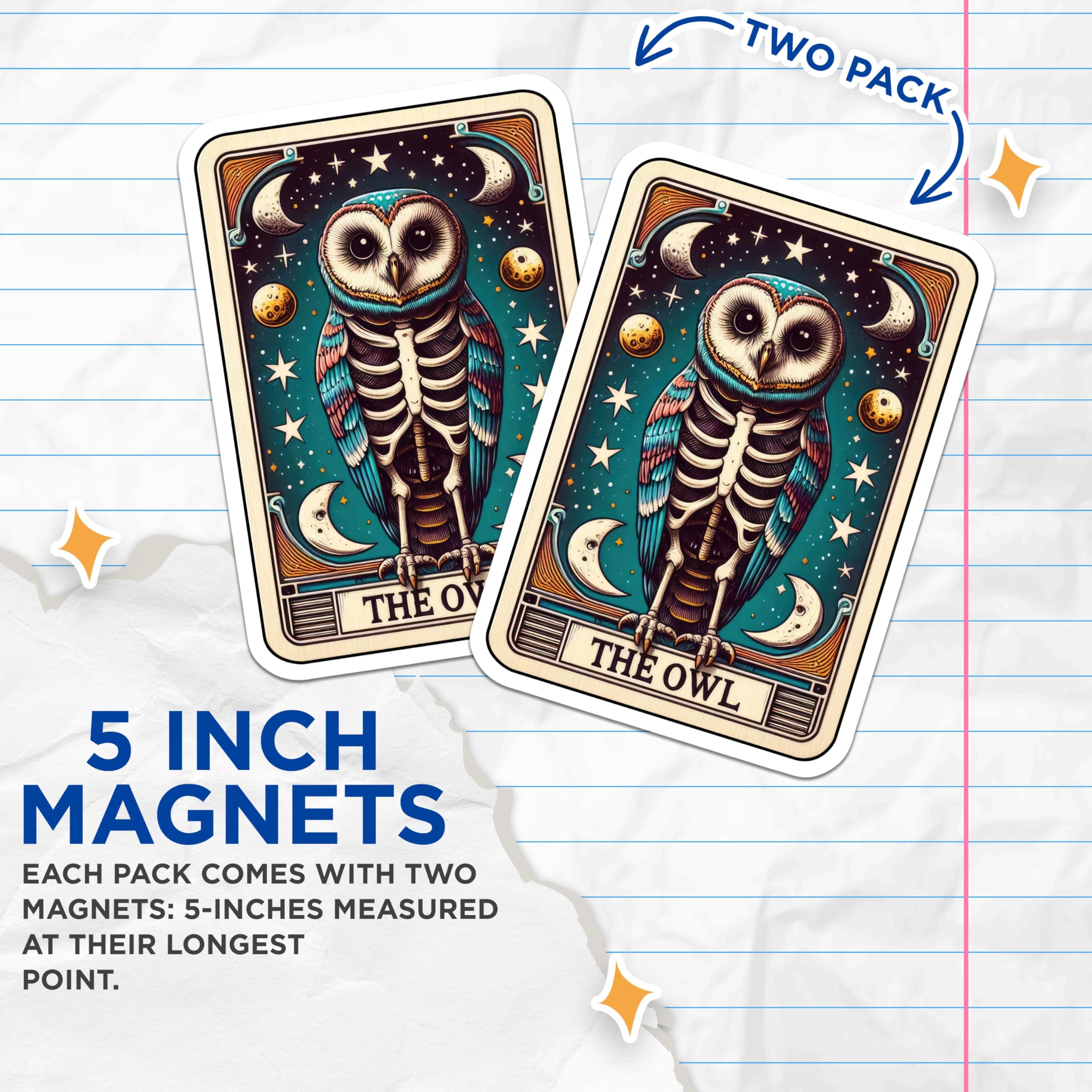 (2 Pack) Owl Tarot Card Magnets - Mystical Skeleton Owl Art - Celestial Esoteric Decor - 5 Inches On Longest Side - Thick Durable Magnet - Made in USA - MAG22744