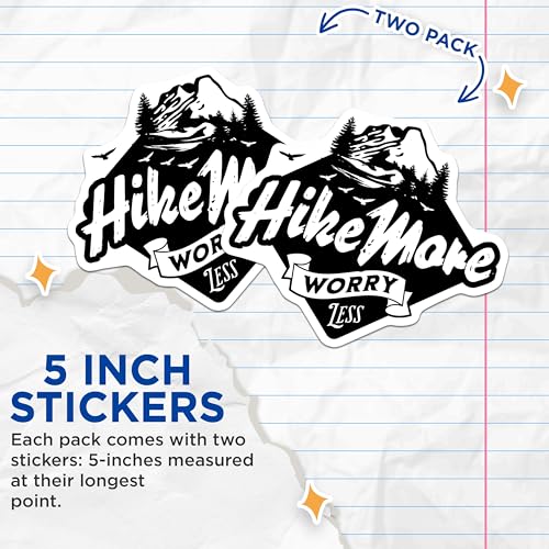 (2 Pack) Hike More Worry Less Stickers - Mountain Adventure Stickers - Outdoor Enthusiast Vinyl Stickers - 5" On Longest Side - Sticks to Smooth Flat Surfaces - Made in USA - BMCS6144