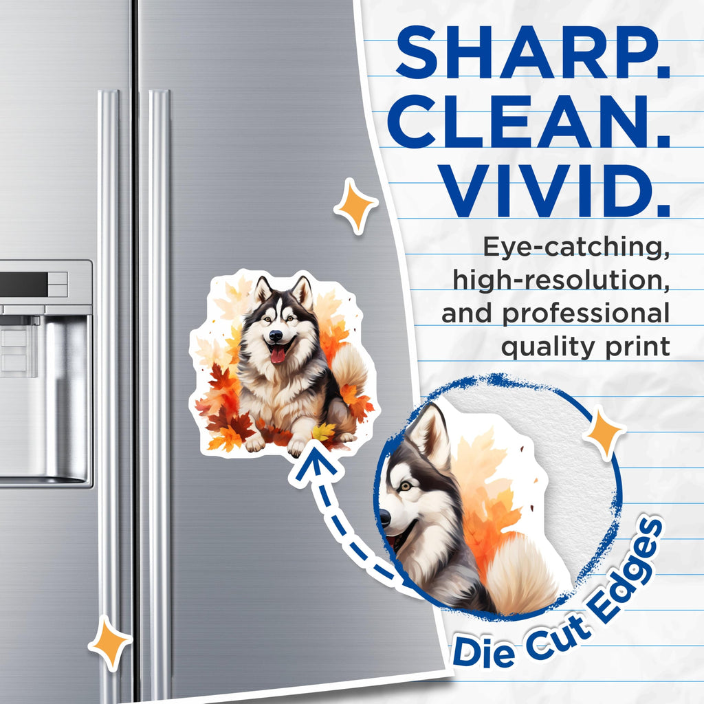 (2 Pack) Husky Dog Magnets - Autumn Fall Leaves Decor - Cute Pet Animal Refrigerator Locker Seasonal Magnets - 5 Inches On Longest Side - Thick Durable Magnet - Made in USA - MAG29154