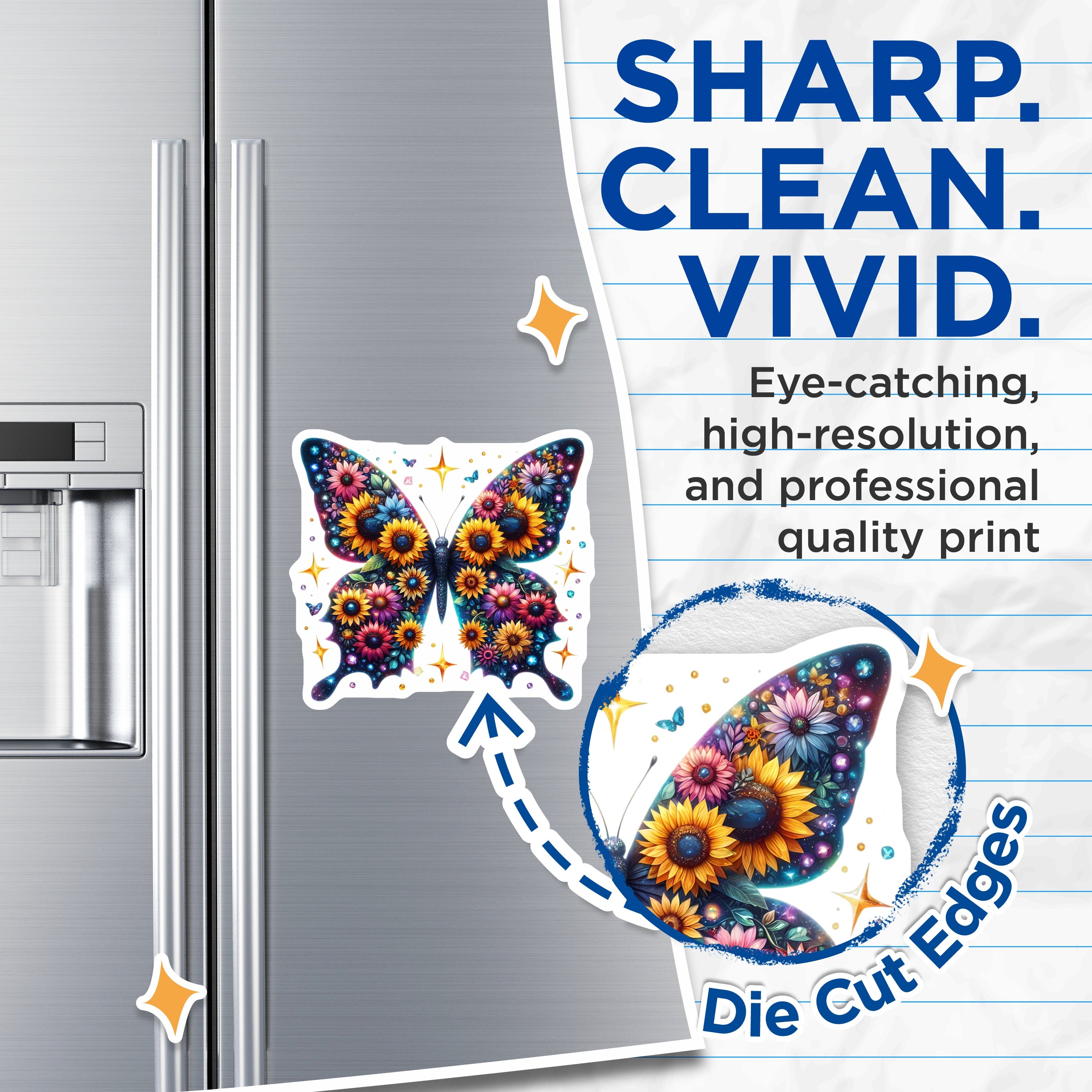 (2 Pack) Celestial Butterfly Magnets - Floral Galaxy Decor - Whimsical Sunflower Fridge Art - Nature Inspired Accent - 5 Inches On Longest Side - Thick Durable Magnet - Made in USA - MAG37395