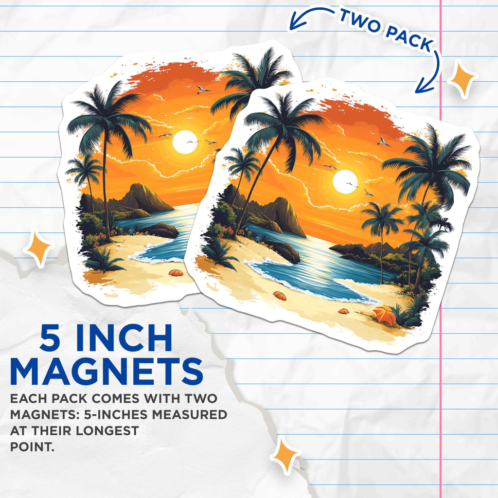 (2 Pack) Tropical Beach Sunset Magnets - Palm Tree Ocean Scene - Vacation Theme Fridge Decor - 5 Inches On Longest Side - Thick Durable Magnet - Made in USA - MAG25158