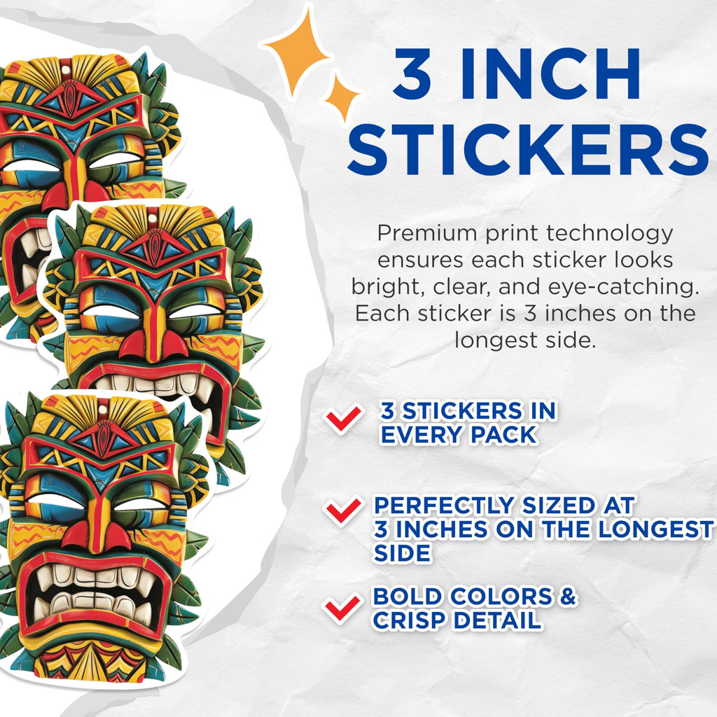 (3 Pack) Tiki Mask Decals - Hawaiian Decor - Laptop Decal - 3 Inches On Longest Side - Easy Peel & Apply - Made in USA - 3MCS0606