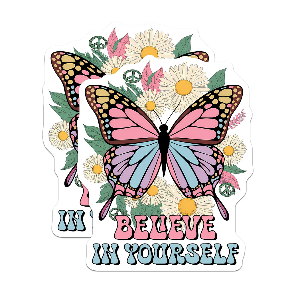 (2 Pack) Believe in Yourself Magnets - Retro Butterfly Daisy Decor - Inspirational Quote Fridge Accessory - 5 Inches On Longest Side - Thick Durable Magnet - Made in USA - MAG39757